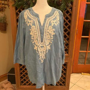 Chicos Embroidered Chambray Boho Tunic Top Size 3